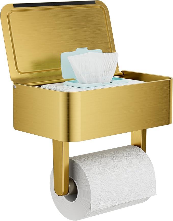 Toilet Paper Holder with Shelf, Wipes Holder for Bathroom, Flushable Wipes Dispenser, Stainless Steel Toilet Paper Roll Holder with Storage for Wet Wipes Wall Mounted (Gold, Regular Roll) - ModernBath