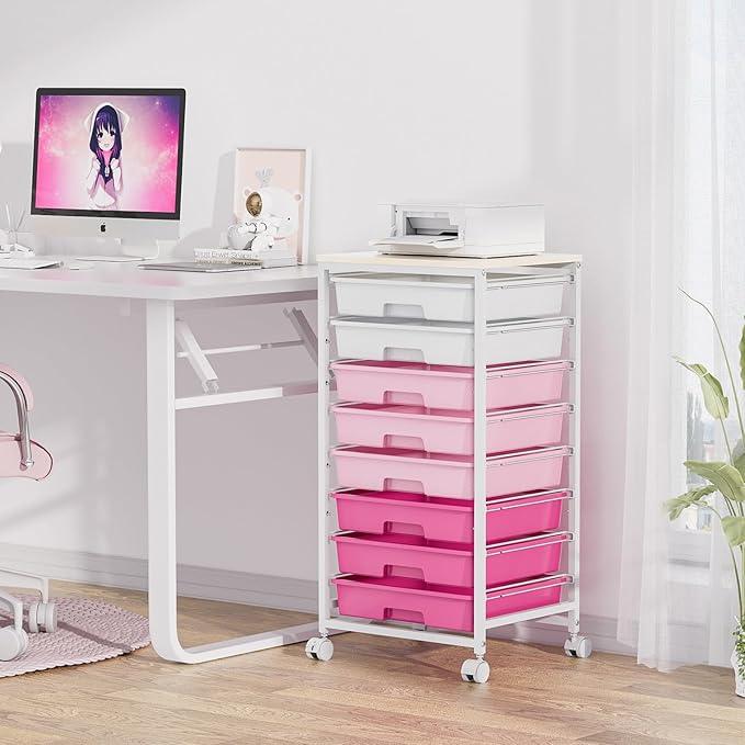 Rolling Cart with Drawers,Storage Cart with 8 Drawers and Wooden Tabletop,Utility Cart for Living Room,Classroom, Bedroom,Bathroom,Dorm,Office,Rose Pink - ModernBath