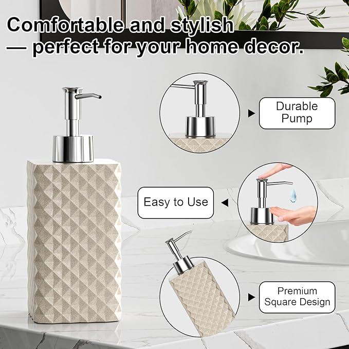 Bathroom Accessories Set Resin 6PCS, Square Toothbrush Holders Set Complete with Soap Dispenser, Vanity Tray, Tumbler, Cups and Cotton Swab Jars (Beige Diamond, Resin Bath 6 PCS) - ModernBath