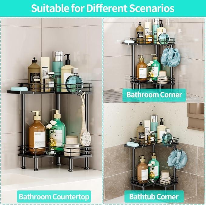 HapiRm Corner Shower Caddy Standing - 2 Tier Shower Organizer Corner with Soap Holder, Rustproof Bathroom Standing Organizer with 2 Hooks, Black - ModernBath