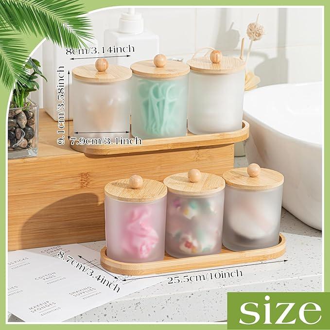 Chengu 6 Pack Cotton Swab Holder with Bamboo Lids and Trays and Labels Glass Round Swab Dispenser Cotton Ball Holder Glass Apothecary Jars Floss Pick Containers Bathroom Organizers (White) - ModernBath