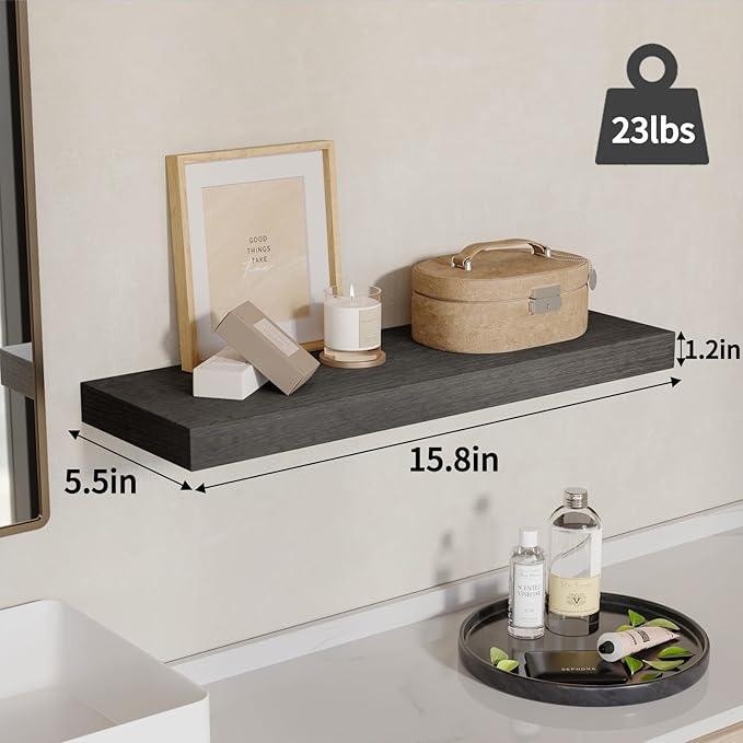Fixwal 15.8in Floating Shelves, Rustic Wood Finish Wall Shelves Set of 4, Shelves for Wall Decor, with Invisible Brackets for Bathroom, Living Room,Bedroom and Kitchen(Gray) - ModernBath