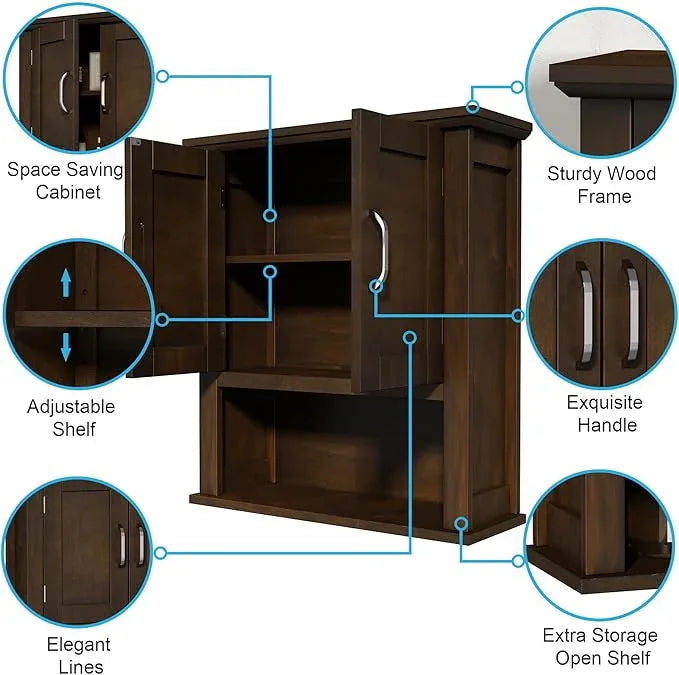 ChooChoo Wood Wall Cabinet with Doors, Medicine Cabinet with Adjustable Shelves Over The Toilet, Rustic Cabinet Wall Mounted for Bathroom, Kitchen, Living Room, Walnut - ModernBath