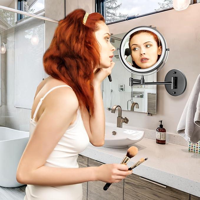 Rocollos 9" Wall Mounted Lighted Makeup Mirror, Large Double Sided 1X/10X Magnifying Mirror, 3 Color LED Vanity Mirror, Touch Dimmable 360° Swivel Light Up for Bathroom - ModernBath