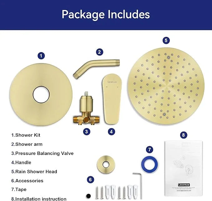 Lavatrum Brush Gold Shower Head and Handle Set Single Spray Premium Wall Mount 8 Inch Rainfall Round Shower Faucet with Rough-in Valve and Trim Kit for Bathroom（1.8GPM) - ModernBath