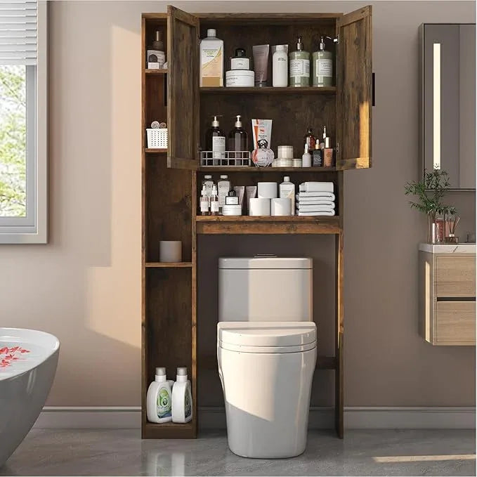 Over The Toilet Storage Cabinet with 7 Storage Shelves, Above Toilet Bathroom Organizer with Toilet Paper Holder Stand, Behind Toilet Cabinet, Space Saver for Restroom, Bathroom, Laundry, Brown - ModernBath
