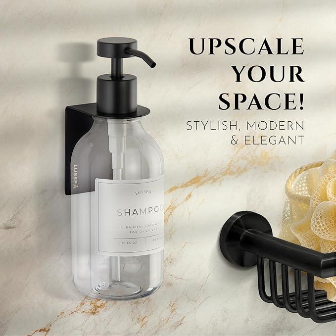 Shampoo & Conditioner Dispenser - Shower Soap Dispenser Wall Mounted - 16.9 Oz Plastic Bottle with Pump & Holder - Shampoo Dispenser - Shower Dispenser Chamber No Drill (1 X Clear/Black) - ModernBath