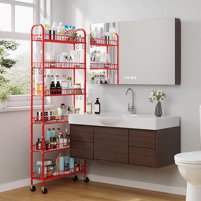 Slim Rolling Storage Cart 6 Tier, Metal Kitchen Rolling Utility Cart with Lockable Wheels for Kitchen, Bathroom, Office, Laundry Room, Small Narrow Spaces (Red 6 Inches) - ModernBath