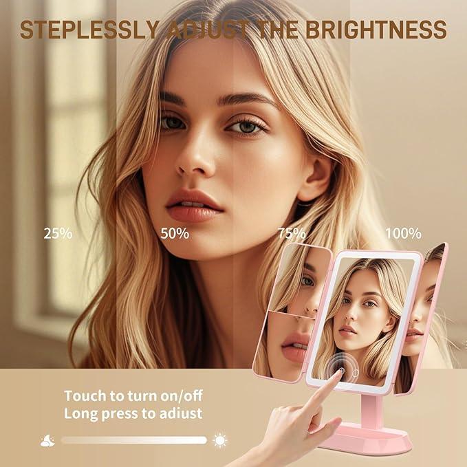 FRANO Rechargeable Trifold Makeup Mirror with Lights, 1X/3X/5X Magnification, Cordless 3-Color LED Vanity Mirror for Travel & Desk, Up to 20H Use, Ideal Gift for Women & Teens - Pink - ModernBath