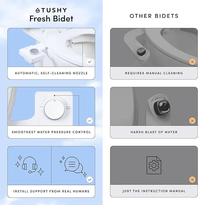 TUSHY Fresh Cool Water Bidet: Ultra Slim Toilet Seat Attachment (Non-Electric Self-Cleaning Hygienic Nozzle) Easy DIY Install <10 Min (Adjustable Water Pressure Control), Matte Brass Knob - ModernBath