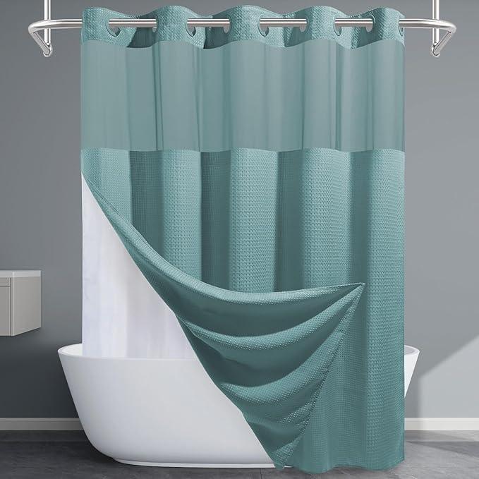 EUTXL Teal No Hook Shower Curtain with Snap in Liner,230GSM Waffle Weave Shower Curtains for Bathroom,71W x 74H - ModernBath