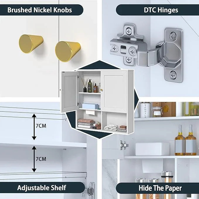 Bathroom Wall Cabinet, Medicine Cabinet with 2 Door and Adjustable Shelves,3-Tier Wood Hanging Storage Over The Toilet,White Wall Mounted Cabinet for Bathroom, Kitchen,Laundry Room - ModernBath