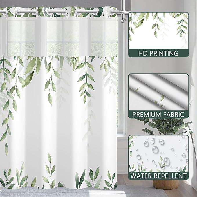 NAEMBCU No Hook Shower Curtain with Snap-in Liner, Tropical Green Watercolor Plant Bath Curtain with See Through Top, Waterproof Double Layer for Bathroom Decor, 71 x 74 Inch - ModernBath
