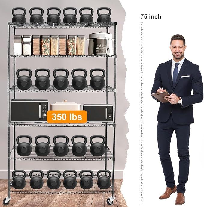 YNN Storage Shelves,2100Lbs 6 Tier Heavy Duty Metal Rolling Shelving Unit with Wheels & 8 Hooks, Adjustable Garage Wire Rack for Kitchen, Bathroom,Industrial,Pantry(36" W x 14" D x 72" H,Black) - ModernBath