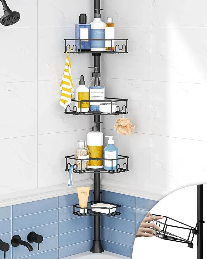 SEIRIONE Corner Shower Caddy Tension Pole, 4-Tier Rust-Free Shower Organizer Corner, Adjustable Shelf for Bathroom Storage, Easy-Install Standing Rack, 34 to 116Inch, Black - ModernBath