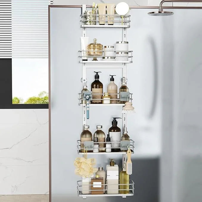 Orimade Over the Door Shower Caddy Adjustable 5 Tier Silver,Bathroom Hanging Organizer Shelf Rustproof with 4 Hooks,Shower Basket with Soap Holder and Suction Cup Bathroom - ModernBath