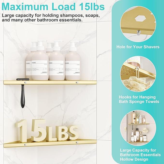 10" Bathroom Corner Shelf, 2 Pack Recessed Shower Shelf Caddy, SUS304 Stainless Steel Shelf Wall Mount Triangular, No Drilling Brushed Golden - ModernBath