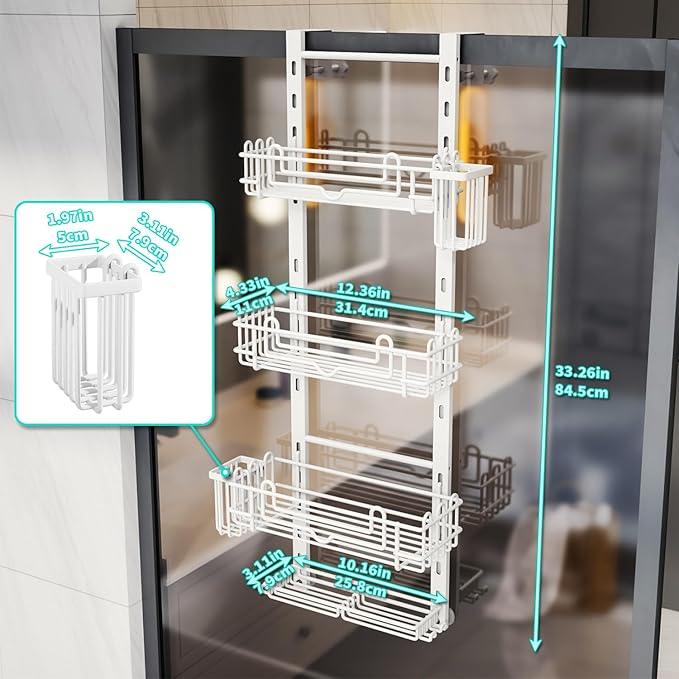 HapiRm 4 Tier Over the Door Shower Caddy, Hanging Shower Caddy with 22 Hooks and 2 Toothbrush Holders, No Drilling Adjustable Hanging Bathroom Organizer - White - ModernBath