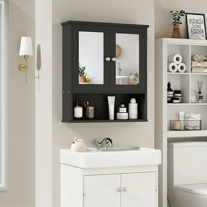 SUNLEI Bathroom Cabinet with Mirror, Wall Cabinet with 2 Mirrored Doors & Open Compartment Bathroom Cabinet Wall Mounted with Mirror Door, Black - ModernBath