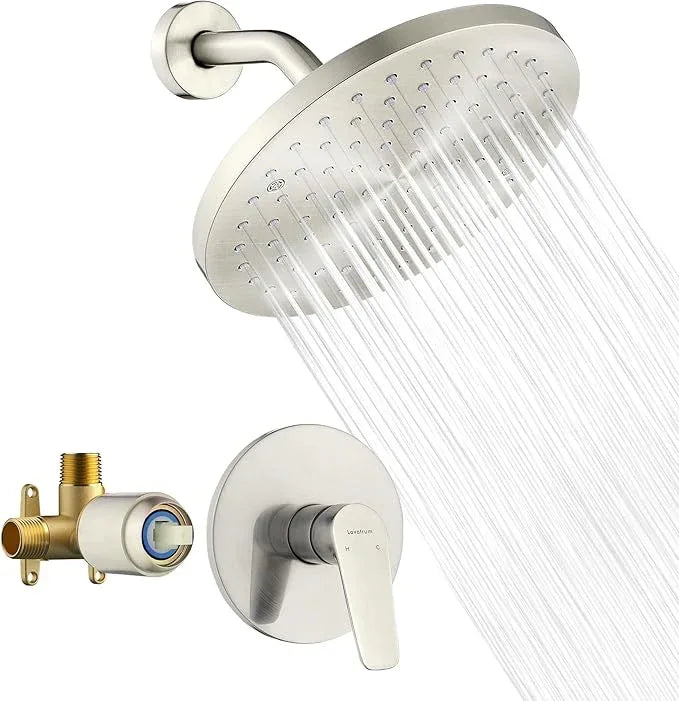 Lavatrum Brush Nickel Shower Head and Handle Set Single Spray Premium Wall Mount 8 Inch Rainfall Round Shower Faucet with Rough-in Valve and Trim Kit for Bathroom（1.8GPM) - ModernBath