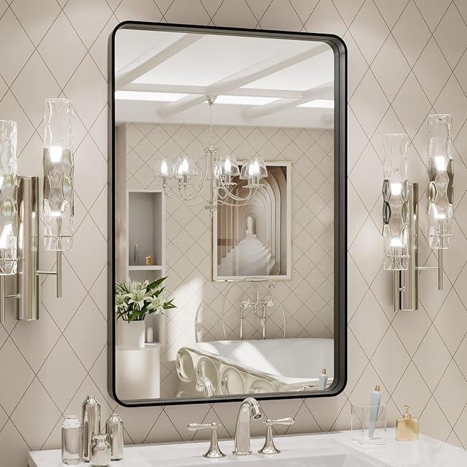 LOAAO 24X30 Inch Black Metal Framed Bathroom Mirror for Wall, Matte Black Bathroom Vanity Mirror Farmhouse, Large Rounded Rectangle Mirror, Anti-Rust, Hangs Horizontally or Vertically - ModernBath