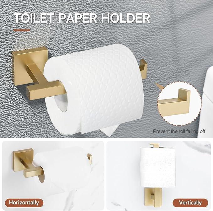 TQKAG 7-Pieces Brushed Gold Bathroom Hardware Accessories Set 23.6" SUS304 Stainless Steel Towel Bar Set Toilet Paper Spare Rolls Storage Holder Wall Mounted - ModernBath
