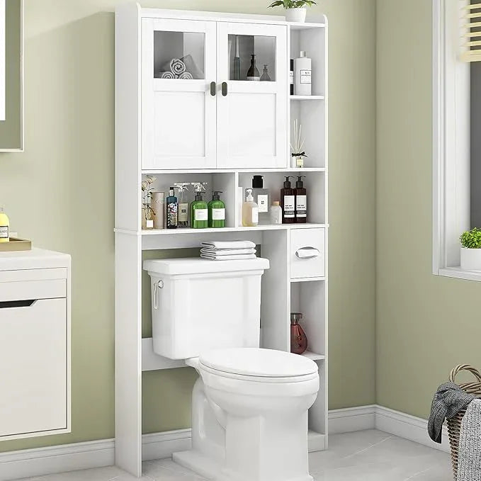 Vabches Over The Toilet Storage Cabinet, Bathroom Shelf Over Toilet with Glass Doors and Adjustable Shelves, White Freestanding Home Space Save Toilet Rack for Restroom, Bathroom, Laundry - ModernBath