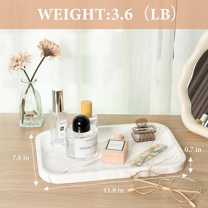 Karibiber Marble Vanity Tray, Marble Bathroom Tray Countertop, Decorative Trays for Dresser Organizer, White Stone Storage Serving Trays for Kitchen, Perfume, Jewelry Cathall Holder - ModernBath