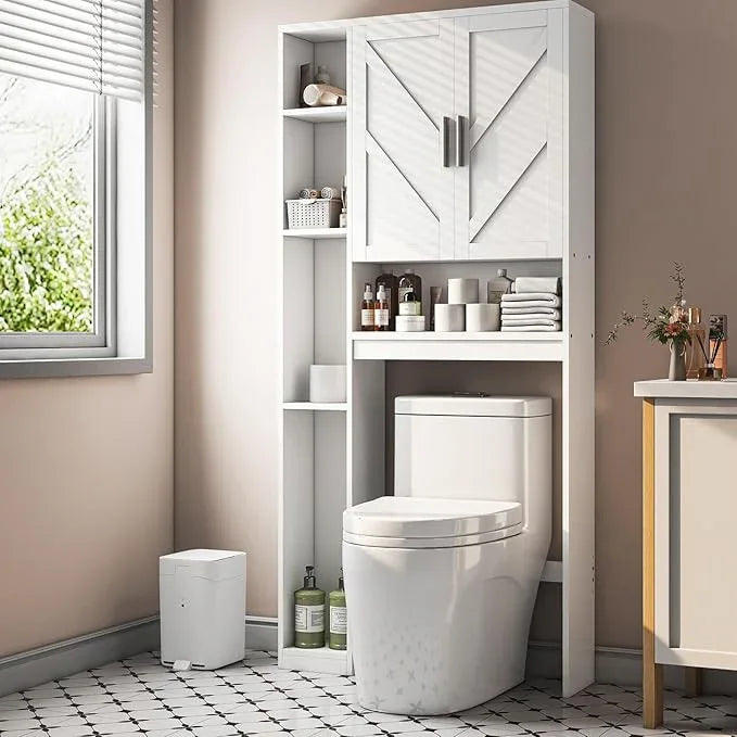 Over The Toilet Storage Cabinet with 7 Storage Shelves, Above Toilet Bathroom Organizer with Toilet Paper Holder Stand, Behind Toilet Cabinet, Space Saver for Restroom, Bathroom, Laundry, White - ModernBath