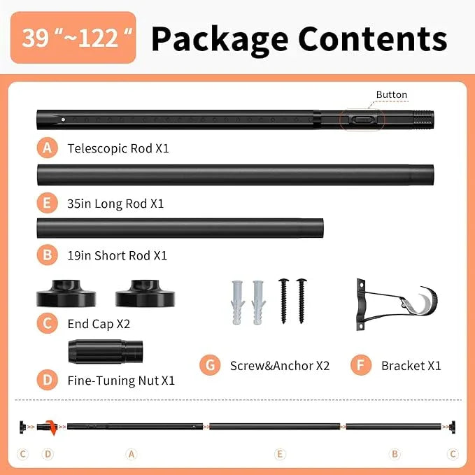Treije Tension Curtain Rod 39-122 Inch, Outdoor Extra Long Tension Rod No Drilling for Window or Bathroom Patio, Adjustable Heavy Duty Shower Curtain Rod, Easy to Install, Never Rust, Non-Slip-Black - ModernBath