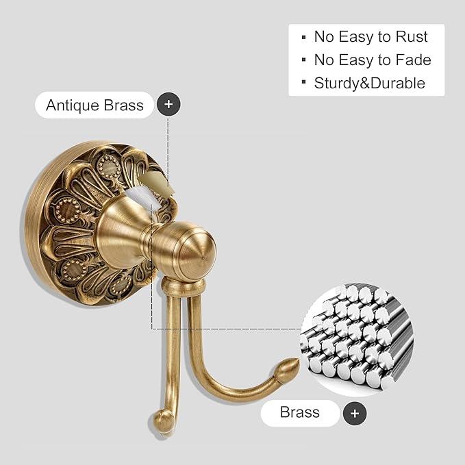 Antiuqe Brass Towel Hook, Brass Bathroom Robe Hook, Rustic Double Towel Hooks Bath Farmhouse Coat Clothes Hook Wall Mounted for Bathroom Kitchen Storage Vintage - ModernBath