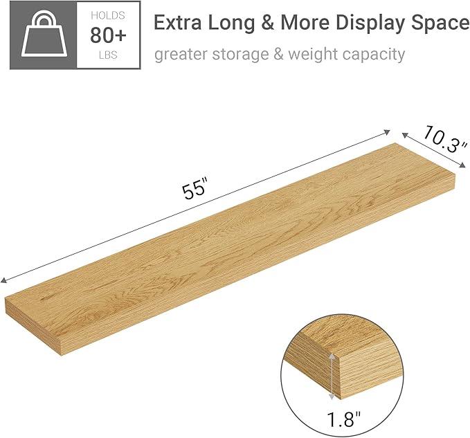 Vivelove 55 inch Long Floating Shelves for Wall, 10.3" Deep & Thicker Storage Shelf for Living Room, Kitchen, Farmhouse,Wall Shelves with Invisible Brackets,Set of 1, Oak - ModernBath