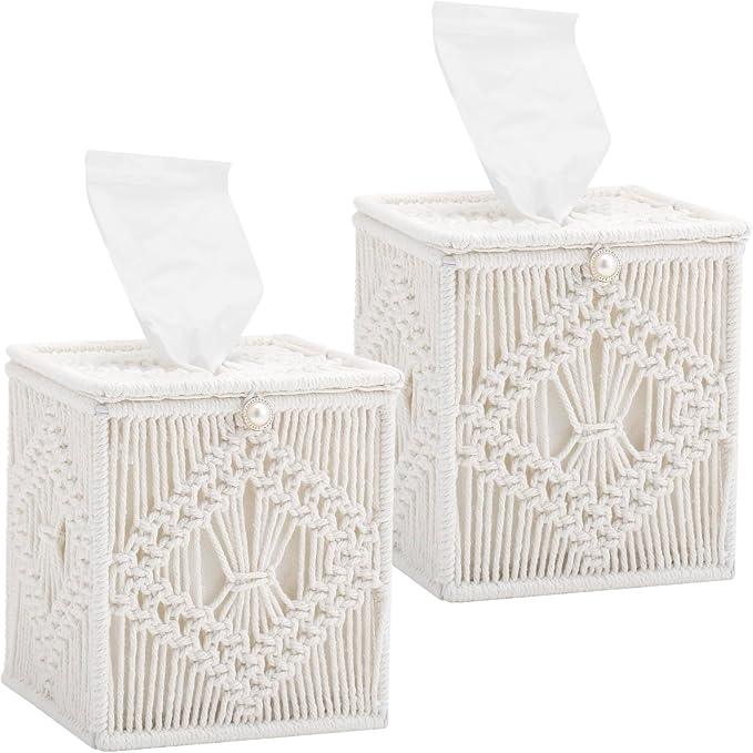 Macrame Tissue Box Cover, 2 Pack Square Boho Decor Tissue Holder, Handmade Woven Cotton Rope Organizer with Open Bottom for Bedroom, Bathroom, Living Room, Office - Ivory - ModernBath