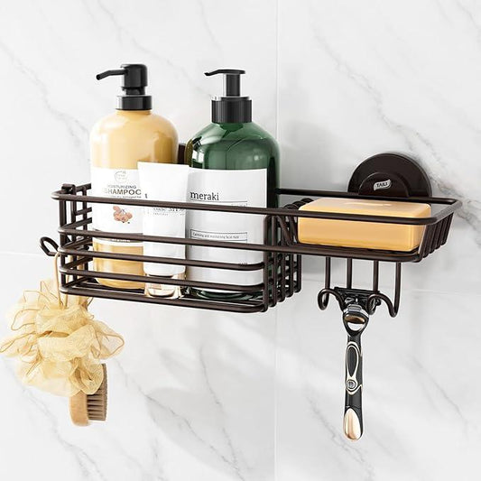TAILI Shower Caddy Suction Cup with Hooks & Soap Holder, Heavy Duty Bathroom Shower Organizer, No Drilling Shelves for Inside Bathroom, Metal Storage Basket-Brown - ModernBath
