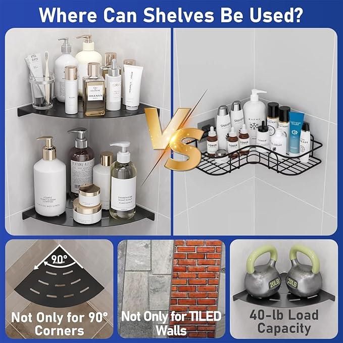 2 Pack Corner Shower Shelves Load Capacity 40 lbs 304 Stainless Steel Shower Corner Shelf Will not Rust 8in Shower Shelf for Inside Shower Matte Black Drilling Installation - ModernBath