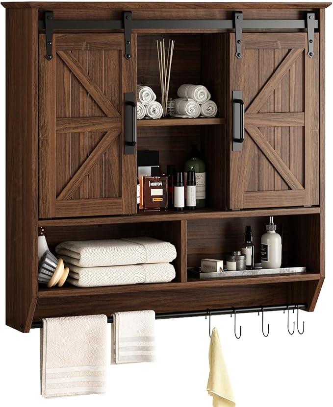 RUSTOWN Farmhouse Bathroom Wall Cabinet,3-Tier Rustic Wood Wall Mounted Cabinets,Vintage Medicine Cabinet with Sliding Barn Door and Adjustable Shelves,Over The Toilet Storage Cabinet (Dark Walnut) - ModernBath