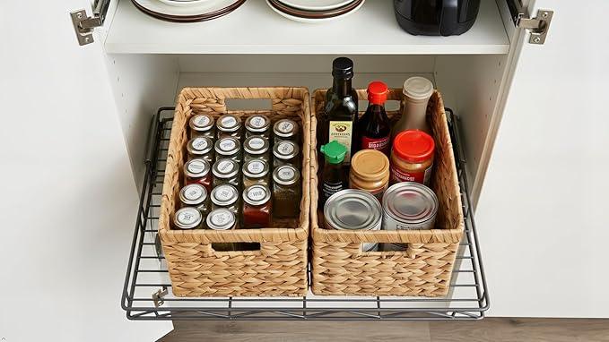 Water Hyacinth Storage Baskets Set of 2 - Medium Decorative Wicker Baskets for Organizing Shelves, Rectangular Woven Storage Bins with Handles for Pantry, Bathroom, Living Room 13"x9"x7" - ModernBath