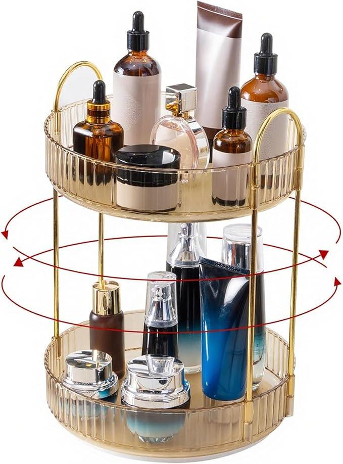 INVSSENE 360 Rotating Makeup Organizer, Yellow, Unisex, 2 Tier Countertop Storage, Large Capacity, Cosmetics, Perfume, Skincare, Lipsticks - ModernBath