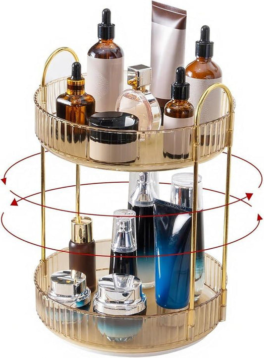 INVSSENE 360 Rotating Makeup Organizer, Yellow, Unisex, 2 Tier Countertop Storage, Large Capacity, Cosmetics, Perfume, Skincare, Lipsticks - ModernBath