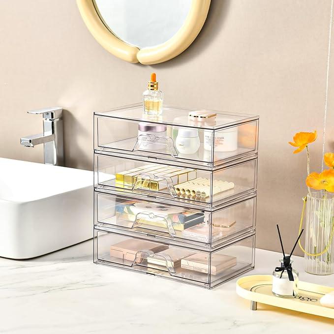 5 Pack Makeup Organizer Stackable, 12.1''L Bathroom Organizer and Storage Acrylic Undersink Drawer Organizer, Cosmetics and Beauty Supplies,Clear Plastic Storage Bins for Vanity,Pantry,Cabinet,Kitchen - ModernBath