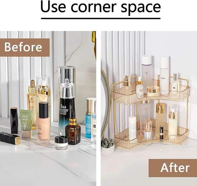 shuang qing 2-Tier Corner Bathroom Counter Organizer – Classic Storage Shelf for Makeup, Perfume & Toiletries, Space-Saving Countertop Tray Fits Bathroom, Dresser, Kitchen (Vintage Gold) - ModernBath
