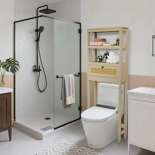 Over The Toilet Storage Cabinet, Behind Toilet Bathroom Organizer with Adjustable Shelves, Above Toilet Organizers with Rattan Door, Space Saver for Restroom, Bathroom, Laundry - ModernBath