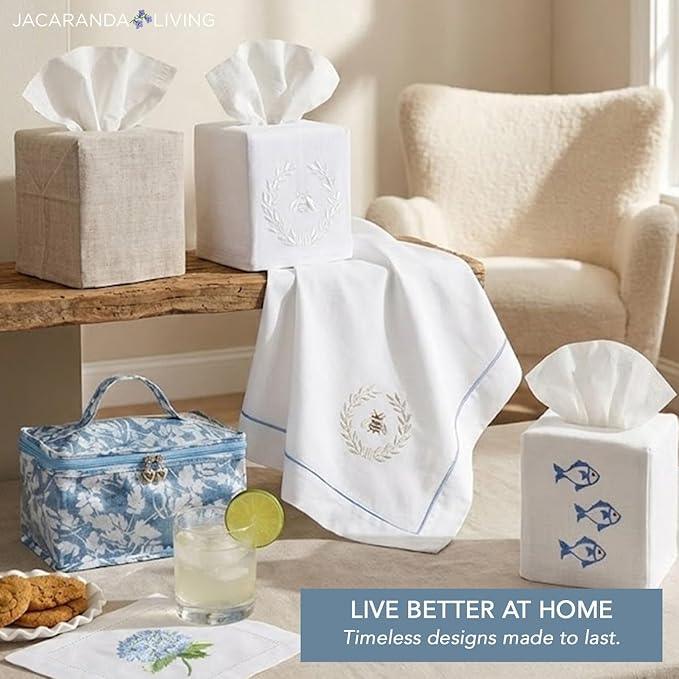 Jacaranda Living Square Tissue Box Cover, Linen/Cotton Fabric Tissue Holder, Decorative Cloth Tissue Cube Cover, Coastal Designs Crab (Aqua) - ModernBath