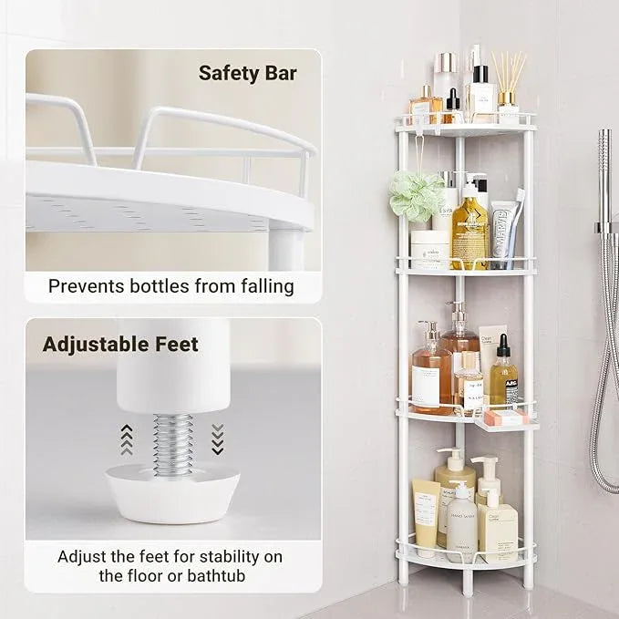 ELYKEN Corner Shower Caddy Standing, 4 Tier Rustproof Metal Shower Organizer with Soap Holder, Floor Shower Corner Shelf Rack Storage Stands with Adjustable Feet & 2 Hooks for Bathroom, White - ModernBath