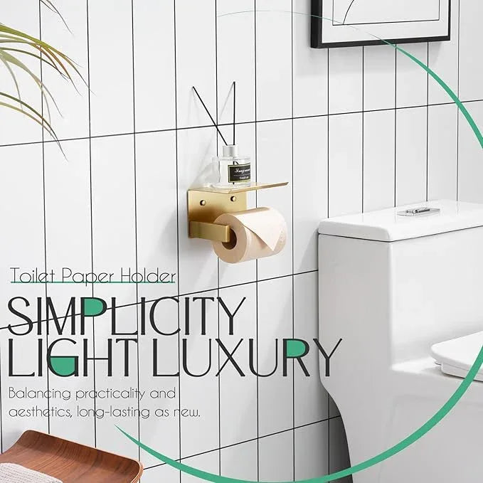 KOKOSIRI Roll Paper Holder Spring Loaded Tissue Paper Holder Bathroom Toilet Roll Holder with Shelf Wall Mounted Stainless Steel Brushed Gold B2012BG - ModernBath