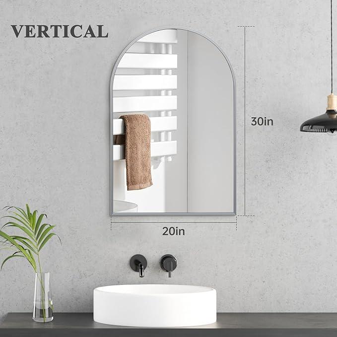 Minuover 20" x 30" Silver Arched Mirror, Modern Aluminum Alloy Metal Frame, Arch Bathroom Vanity and Wall Decor Mirror for Bathroom, Living Room, Bedroom, Entryway - ModernBath