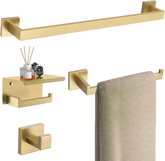 TURS Brushed Gold Bathroom Hardware Set 4-Piece Bath Towel Bar Set 24 Inch Stainless Steel Towel Holder Set for Bathroom Wall Mounted - ModernBath