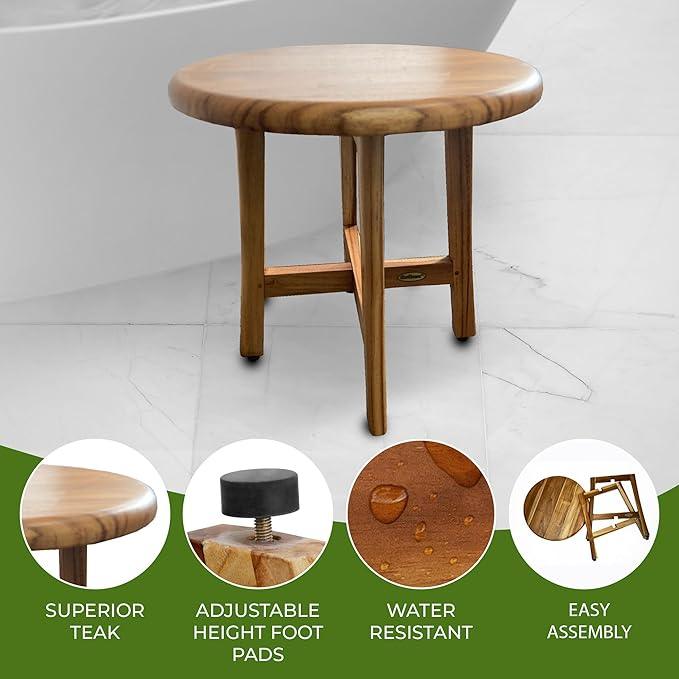 EcoDecors Shoji 17.5 Inch Round Table Waterproof Teak Wood Shower Bench Stool Seat Chair for Inside Shower Provides Safety, Storage, and Organization for Bathroom Accessories - ModernBath
