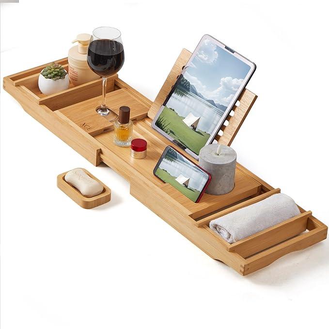 XcE Bamboo Bathtub Caddy Tray - Expandable to 41 Inches with Book Stand, Soap Holder & Anti-Slip Pads for Luxury Bath Spa, Natural - ModernBath