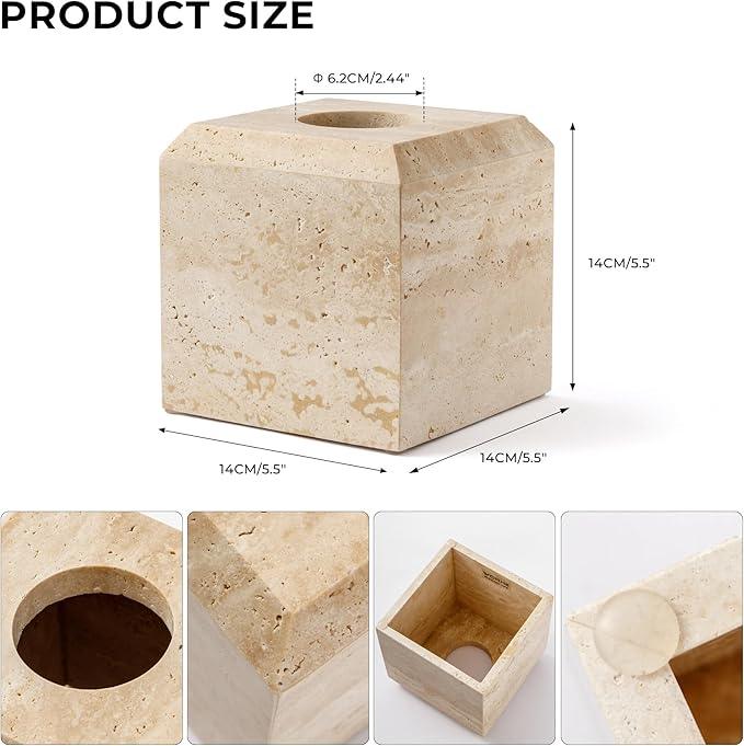 WORHE Tissue Box Cover Italy Natural Travertine Stone Heavy Duty Square Facial Toilet Paper Holder for Bathroom Living Room Bedroom Dresser Kitchen Minimalistic Office Home Decor Beige (TBC145WT) - ModernBath